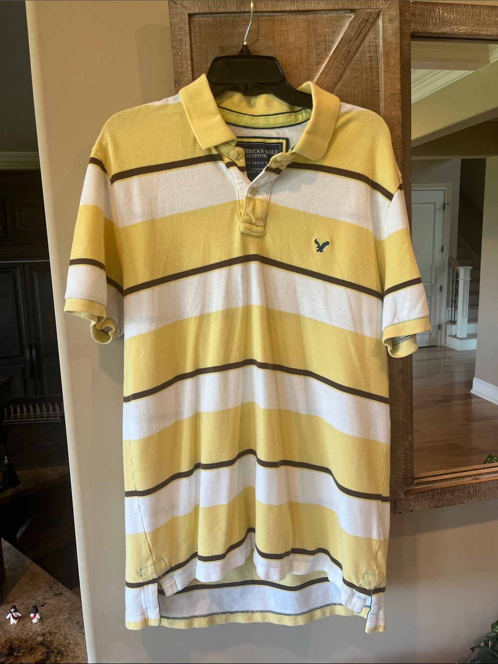 American Eagle Outfitters Yellow and White Striped Polo